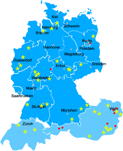 Landkarte Paintball Spielfelder im deutschsprachigen Raum